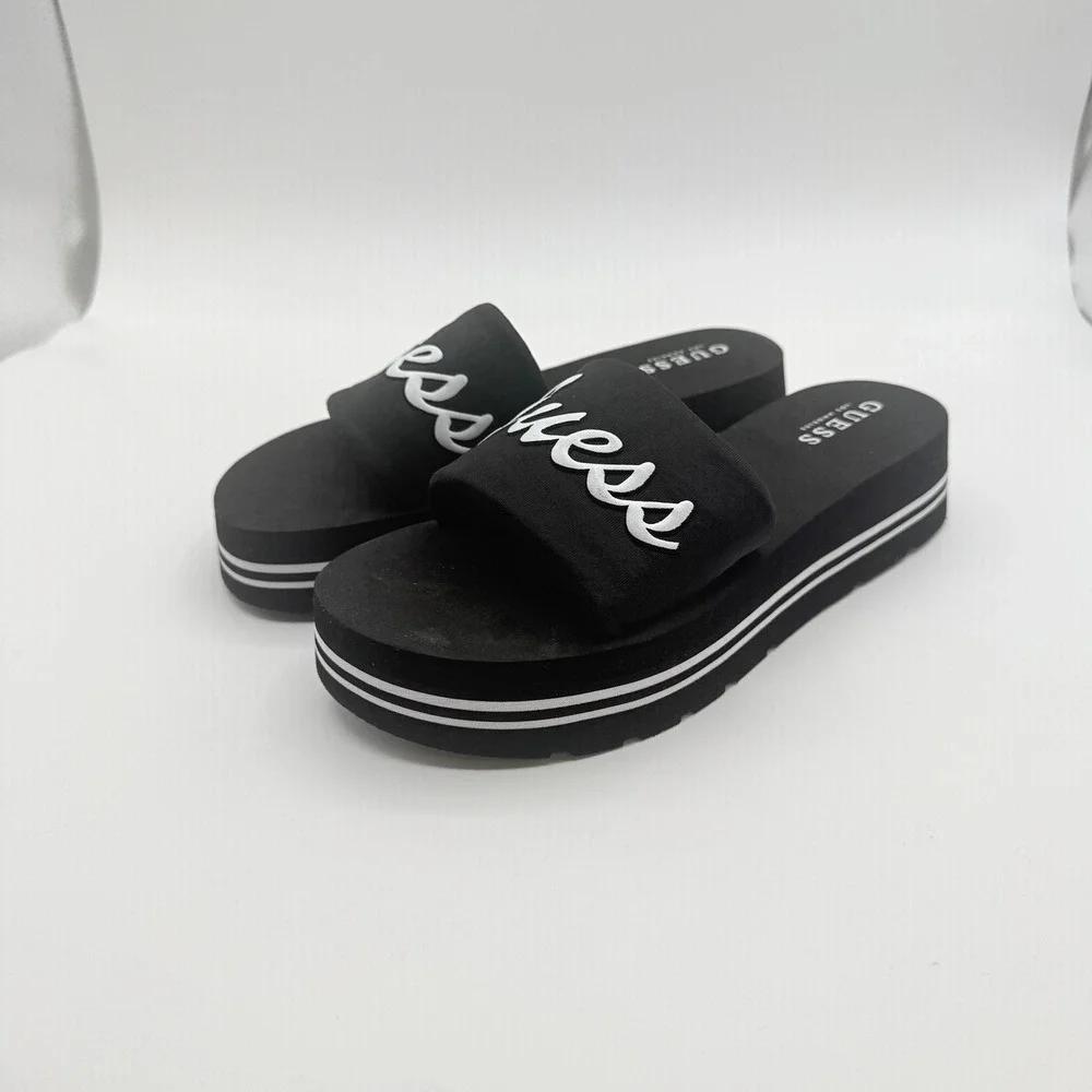 Guess Slide Sandals Womens 8 Black Script Logo Striped Foam Platform Y2K